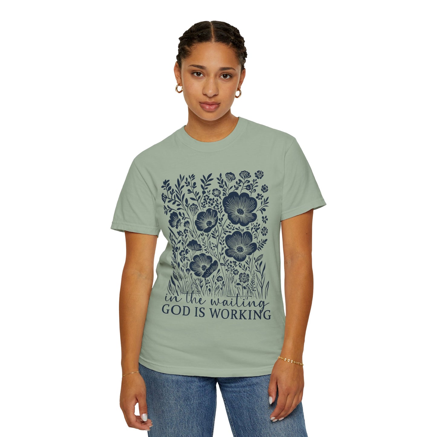 Faith Floral T-Shirt — "In the Waiting God Is Working" Inspirational Tee